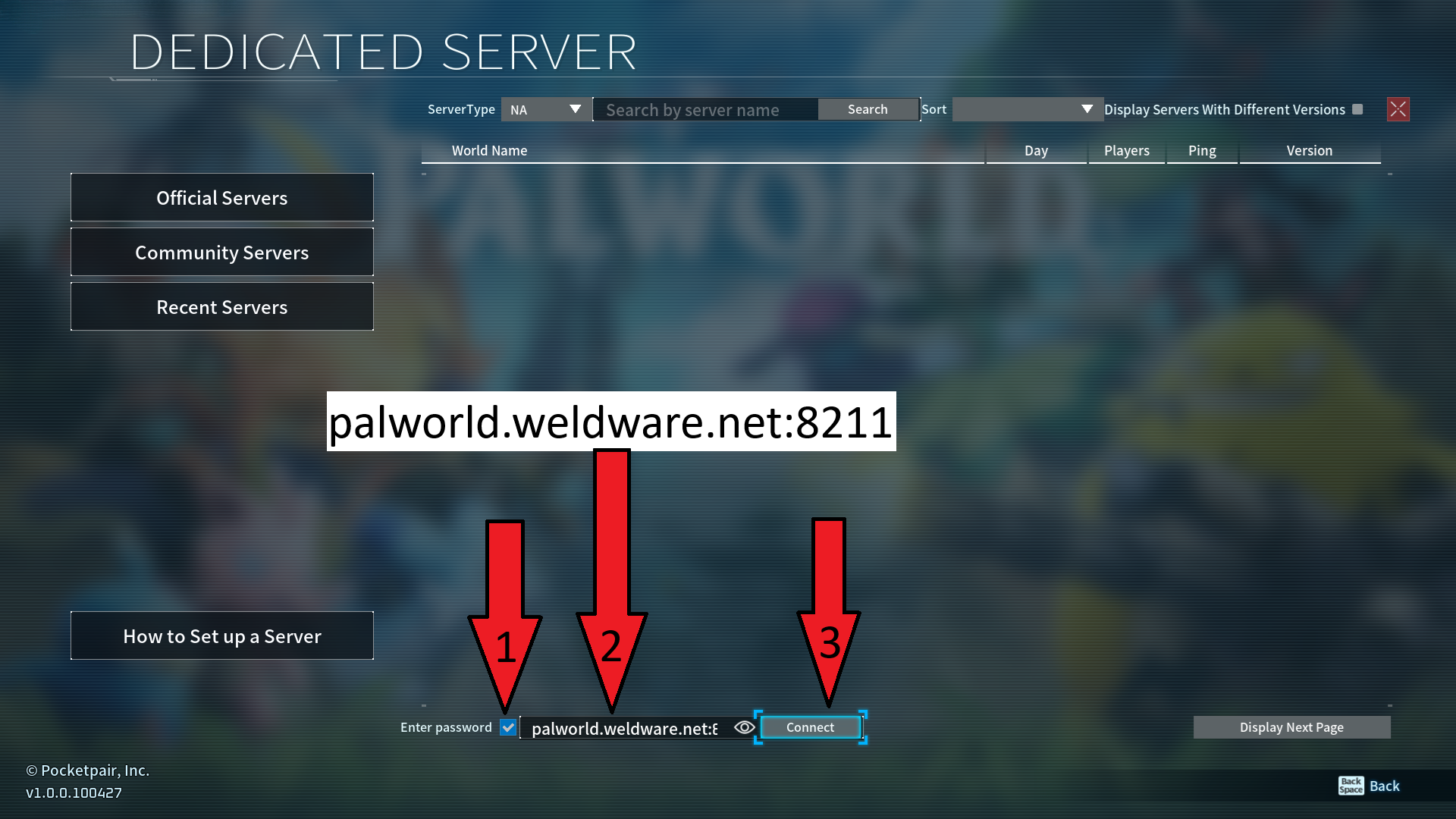 Palworld join screen showing Enter Password, the server address field, and Connect